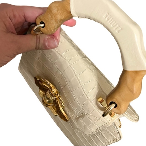 SCHUTZ Bamboo Handle Bee Closure Leather Off White Crossbody Bag - Picture 2 of 9